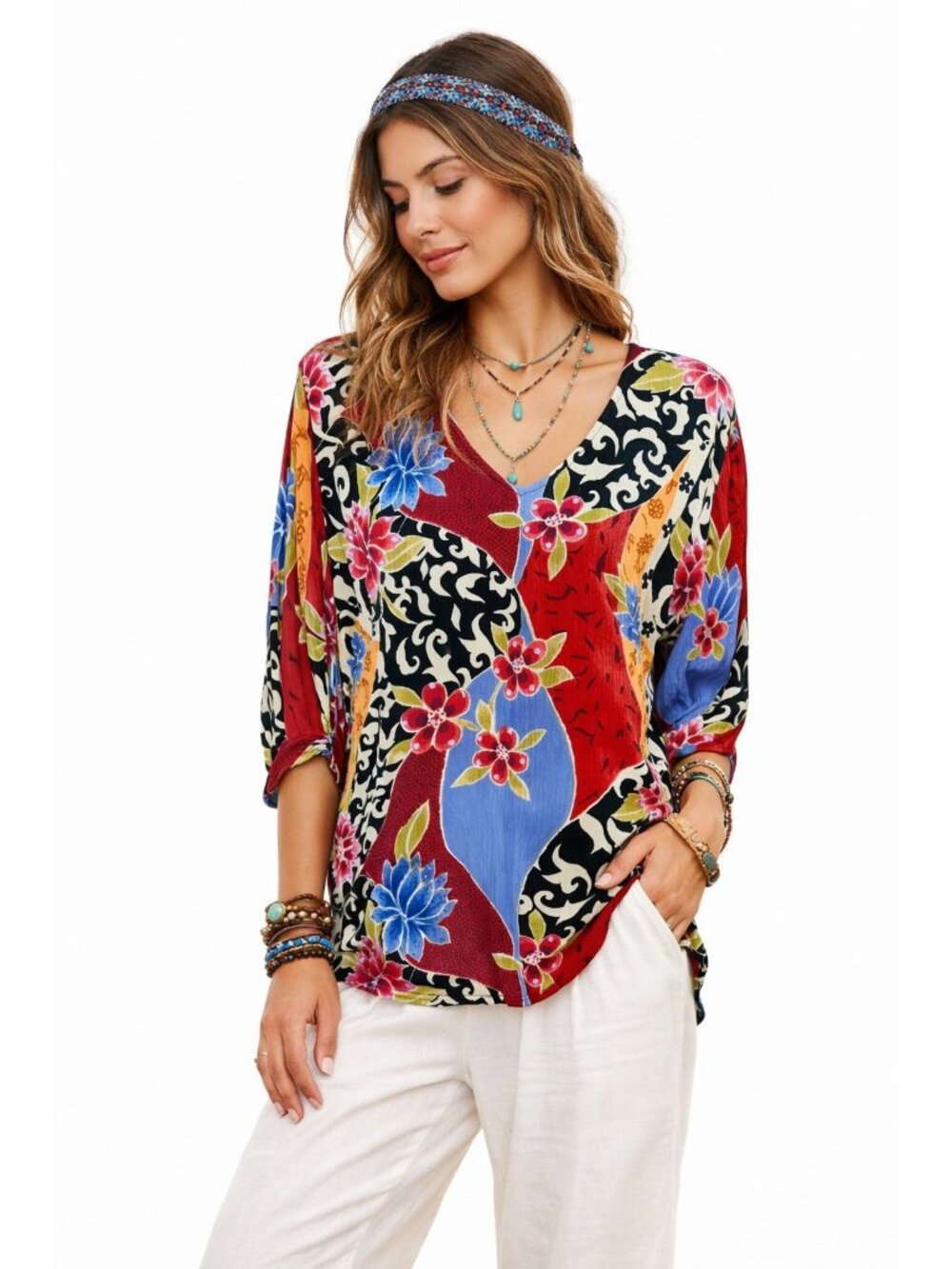 A. Grace Artsy Floral Patchwork Tunic Top L Bright Multicolor Asymmetrical Boho